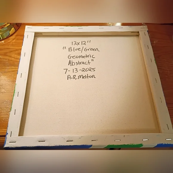 Handmade Blue & Green Geometric Abstract Wall Art Decor Painting Signed 12x12” - Picture 2 of 2